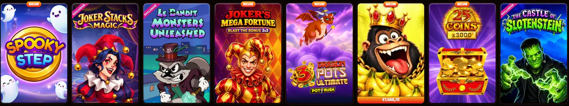 WestAce Casino gokkasten met Spooky Step, Joker Stacks Magic, Le Bandit Monsters Unleashed, Joker's Mega Fortune, 3 Dragon Pots Ultimate en 25 Coins